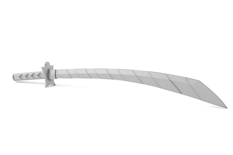 May include: A silver-colored katana sword with a curved blade and a textured handle.