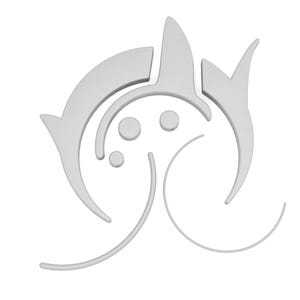 May include: A stylized, light gray graphic design featuring curved lines and circular shapes. The design includes two fin-like shapes and three small circles, all against a white background. The overall shape is abstract.