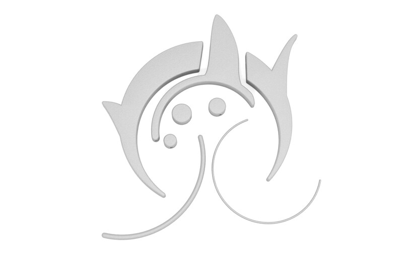 May include: A stylized, light gray graphic design featuring curved lines and circular shapes. The design includes two fin-like shapes and three small circles, all against a white background. The overall shape is abstract.