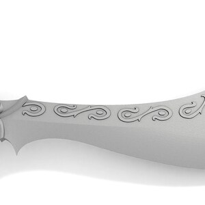 May include: A silver-colored decorative sword with a curved blade and intricate floral designs.