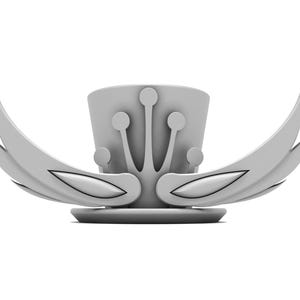 May include: A white, three-dimensional, stylized hat with wings. The hat has a crown with five points and a brim with two curved wings.