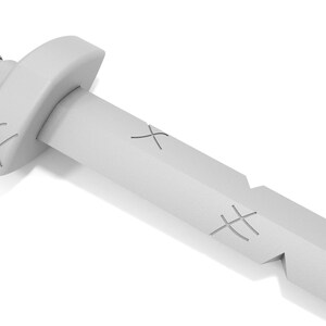 May include: A white plastic toy sword with a textured handle and a blade with cross-hatch markings.