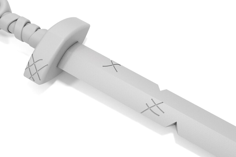 May include: A white plastic toy sword with a textured handle and a blade with cross-hatch markings.