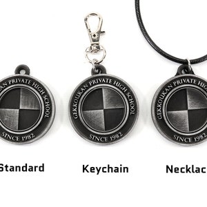 May include: Three silver-toned pendants with the words "Gekkoukan Private High School Since 1982" and a black and white checkered design. The pendants are shown as a standard pendant, a keychain, and a necklace.