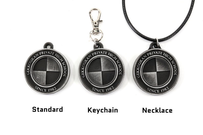 May include: Three silver-toned pendants with the words "Gekkoukan Private High School Since 1982" and a black and white checkered design. The pendants are shown as a standard pendant, a keychain, and a necklace.