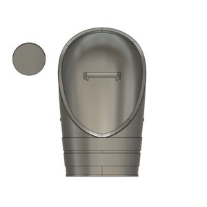 May include: A 3D-rendered, light gray object with a rounded, elongated shape, featuring a rectangular slot at the top and a circular disc to the left. The object has a smooth, metallic appearance, suggesting a possible industrial or mechanical component.