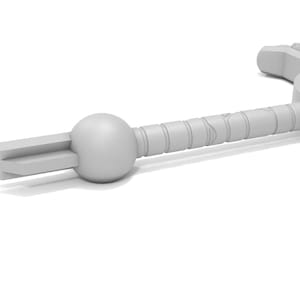 May include: A white plastic toy sword with a round handle and a circular guard. The sword has a textured surface and a pointed tip.