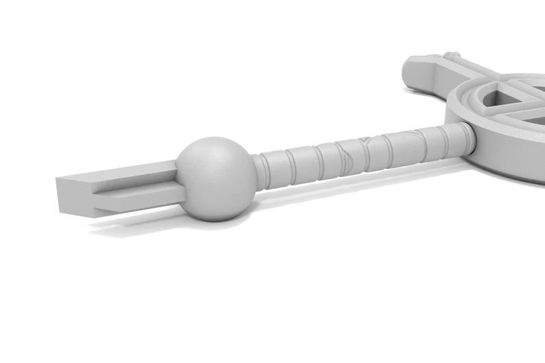 May include: A white plastic toy sword with a round handle and a circular guard. The sword has a textured surface and a pointed tip.