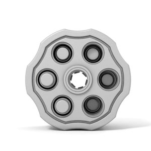 May include: A close-up of a silver revolver cylinder with six empty chambers.