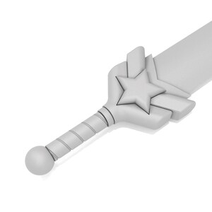 May include: A gray fantasy sword with a star-shaped design on the hilt. The blade is wide and flat, and the handle is wrapped with a spiral pattern. The sword has a rounded pommel and is set against a white background.