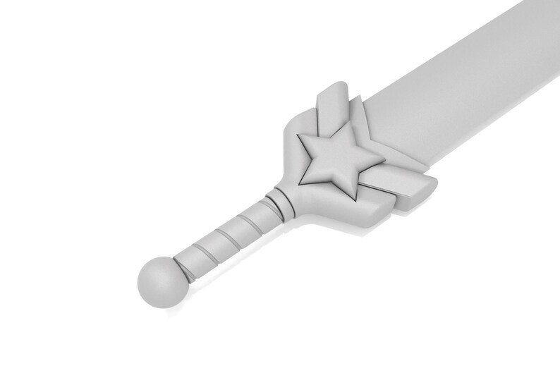 May include: A gray fantasy sword with a star-shaped design on the hilt. The blade is wide and flat, and the handle is wrapped with a spiral pattern. The sword has a rounded pommel and is set against a white background.
