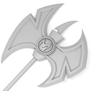 K&ouml;nnte beinhalten: Eine graue Fantasy-Axt mit einem doppelklingigen Kopf und einem langen Stiel. Der Axtkopf hat ein kreisf&ouml;rmiges Emblem in der Mitte und ein stilisiertes Design. Die Waffe ist vor einem wei&szlig;en Hintergrund.