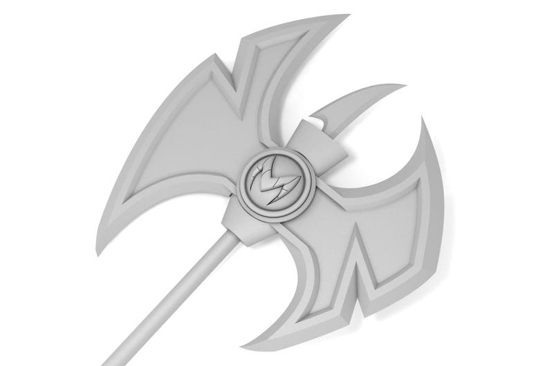 K&ouml;nnte beinhalten: Eine graue Fantasy-Axt mit einem doppelklingigen Kopf und einem langen Stiel. Der Axtkopf hat ein kreisf&ouml;rmiges Emblem in der Mitte und ein stilisiertes Design. Die Waffe ist vor einem wei&szlig;en Hintergrund.