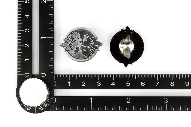 Op de afbeelding: Twee metalen pinnen, een met een zilveren afwerking en een bloemmotief, de andere met een zwarte afwerking en een stervormig motief. Beide pinnen zijn ongeveer 2,5 cm in diameter.
