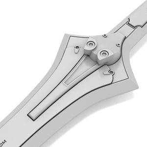 May include: A close-up of a gray sword with a detailed hilt and blade. The sword has a geometric design with circular and rectangular elements. The word "KINGDOM" is printed on the blade.