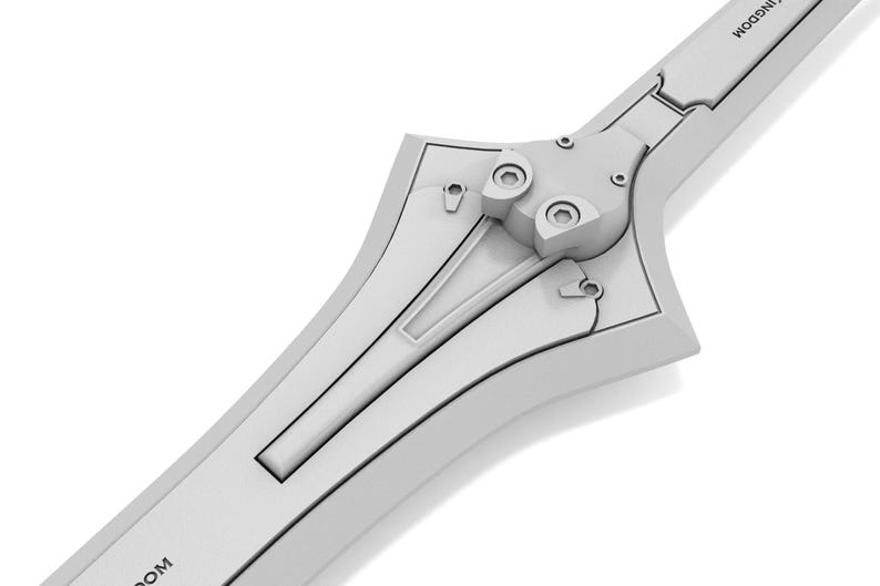 May include: A close-up of a gray sword with a detailed hilt and blade. The sword has a geometric design with circular and rectangular elements. The word "KINGDOM" is printed on the blade.