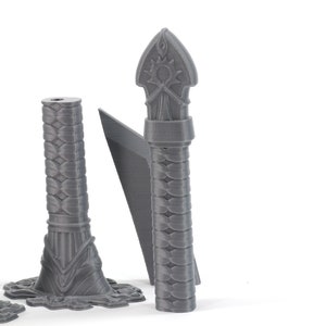 May include: Four grey 3D printed sword handles with intricate designs. The handles are made of a textured plastic material and have a variety of shapes and sizes.