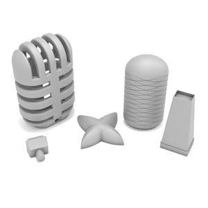 May include: Five gray 3D printed objects: a microphone, a cylinder with a textured surface, a four-pointed star, a small rectangular block, and a tall rectangular block.