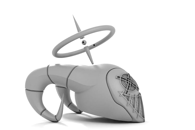 Puede incluir: Una escultura abstracta gris, impresa en 3D, con un anillo en la parte superior y un dise&ntilde;o geom&eacute;trico detallado en el lateral.