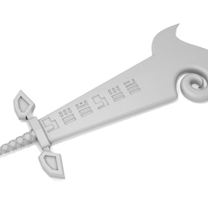 May include: A white plastic toy sword with a curved handle and a design of repeating squares on the blade.
