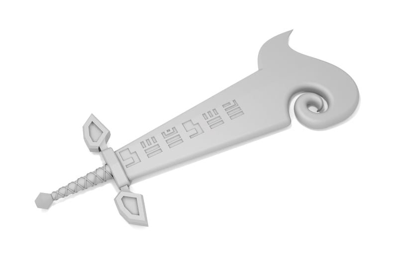 May include: A white plastic toy sword with a curved handle and a design of repeating squares on the blade.