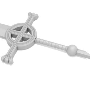 May include: A white metal sword with a circular cross guard and a round pommel. The sword has a simple, clean design.