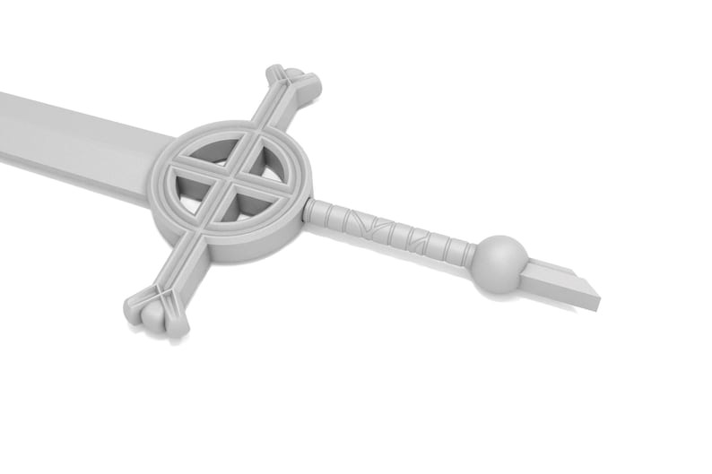 May include: A white metal sword with a circular cross guard and a round pommel. The sword has a simple, clean design.