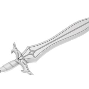 May include: A silver-colored sword with a decorative hilt and blade. The blade has a central ridge and is flanked by two parallel lines. The hilt features a diamond-shaped design and curved elements.