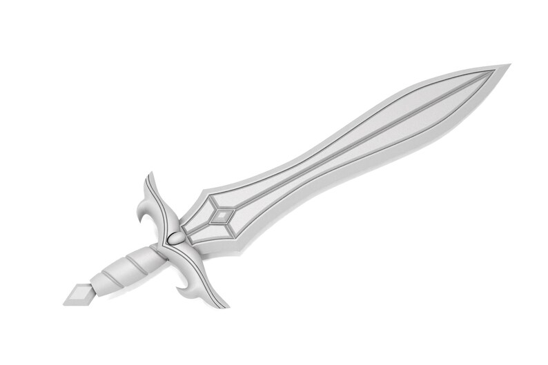 May include: A silver-colored sword with a decorative hilt and blade. The blade has a central ridge and is flanked by two parallel lines. The hilt features a diamond-shaped design and curved elements.