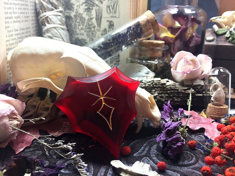 May include: A red, star-shaped resin pendant with a gold-colored design. The pendant is surrounded by dried flowers and other natural elements.