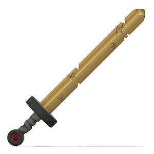 May include: A wooden sword with a black handle and a red jewel at the end. The blade is decorated with carved lines.