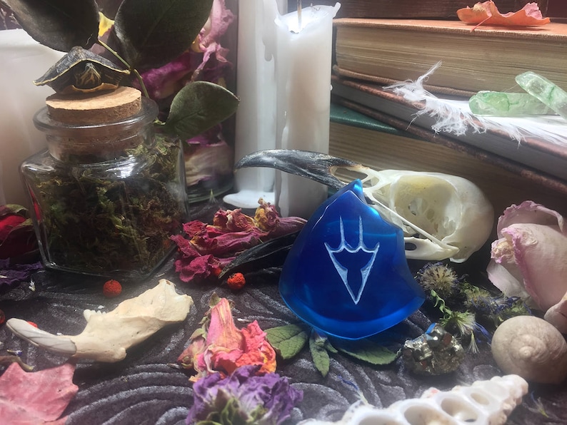 May include: A blue glass pendant with a white stylized design of a three-pronged symbol. The pendant is surrounded by various objects, including a bird skull, dried flowers, and a glass jar filled with moss.