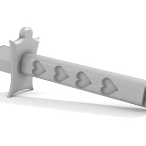 May include: A silver-colored sword with a decorative handle and a blade with four heart-shaped cutouts.