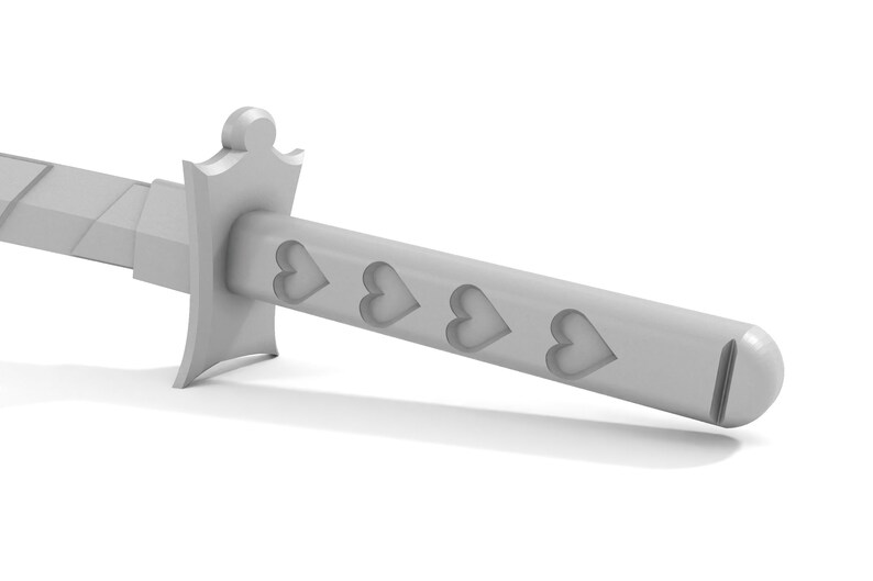 May include: A silver-colored sword with a decorative handle and a blade with four heart-shaped cutouts.
