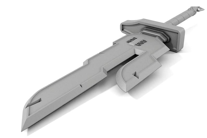 May include: A gray, futuristic-looking sword with a sharp point and a textured handle. The sword has a unique design with a curved blade and a handle that appears to be made of metal.