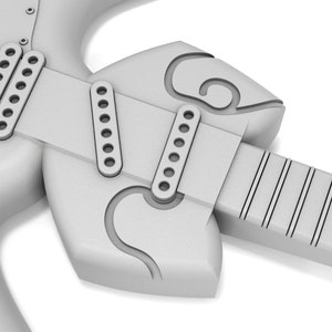 Puede incluir: Una guitarra el&eacute;ctrica blanca con una forma de cuerpo angular &uacute;nica y varios selectores de pastillas. La guitarra tiene un acabado plateado y un diapas&oacute;n con l&iacute;neas negras.