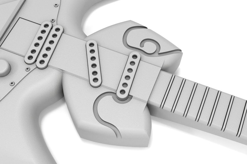 Puede incluir: Una guitarra el&eacute;ctrica blanca con una forma de cuerpo angular &uacute;nica y varios selectores de pastillas. La guitarra tiene un acabado plateado y un diapas&oacute;n con l&iacute;neas negras.