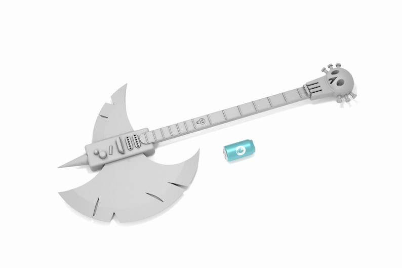 Puede incluir: Una guitarra el&eacute;ctrica blanca con forma de hacha con una clavija en forma de calavera y una lata plateada sobre un fondo blanco.