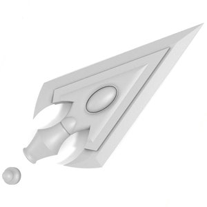 May include: A white plastic arrowhead with a pointed tip and a circular detail in the center. The arrowhead is broken into two pieces.