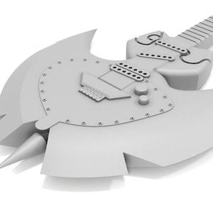 Puede incluir: Una guitarra el&eacute;ctrica blanca con forma de hacha con una punta puntiaguda y un acabado plateado. La guitarra tiene una sola pastilla, una perilla de volumen y una perilla de tono.