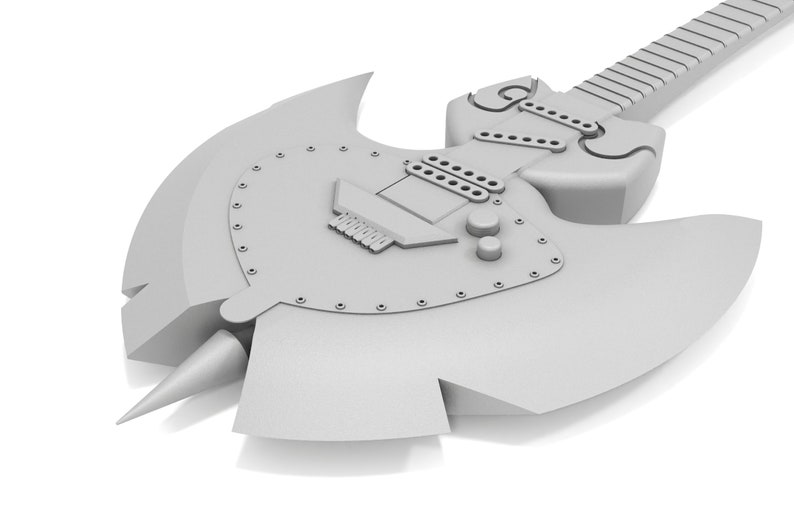 Puede incluir: Una guitarra el&eacute;ctrica blanca con forma de hacha con una punta puntiaguda y un acabado plateado. La guitarra tiene una sola pastilla, una perilla de volumen y una perilla de tono.