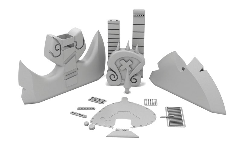 Puede incluir: Un kit de modelo 3D impreso de una criatura fant&aacute;stica, que incluye un hacha grande, un escudo con una cruz y una variedad de piezas m&aacute;s peque&ntilde;as. El modelo est&aacute; hecho de pl&aacute;stico gris y est&aacute; listo para ser ensamblado.