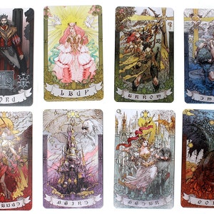 May include: Set of eight tarot cards with colorful illustrations and gold accents. The cards feature a variety of characters and symbols, including a king, a queen, a knight, and a tree. The cards are labeled with the names "Lord", "Lkup", "Gkrom", "Jmer", "Qblkud", "B6jr", "B65r", and "Qol3".