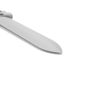 May include: A light gray sword with a detailed hilt and a long, straight blade. The sword is lying on a white surface. The hilt features a crossguard and a pommel. The blade has a sharp point.