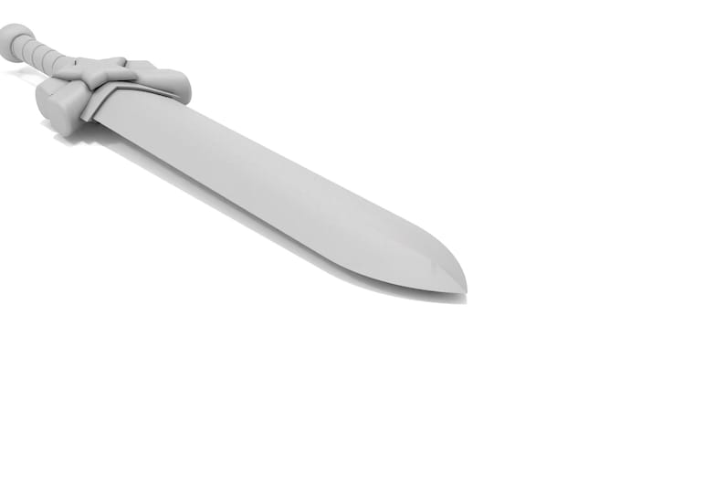 May include: A light gray sword with a detailed hilt and a long, straight blade. The sword is lying on a white surface. The hilt features a crossguard and a pommel. The blade has a sharp point.