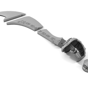 May include: A 3D printed model of a sword, disassembled into five pieces. The sword has a curved blade with intricate details and a decorative handle.
