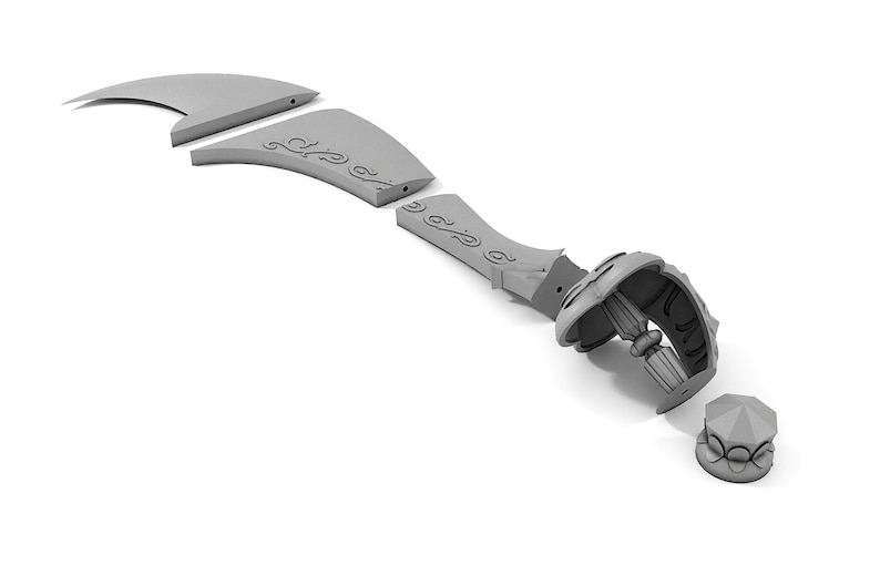 May include: A 3D printed model of a sword, disassembled into five pieces. The sword has a curved blade with intricate details and a decorative handle.