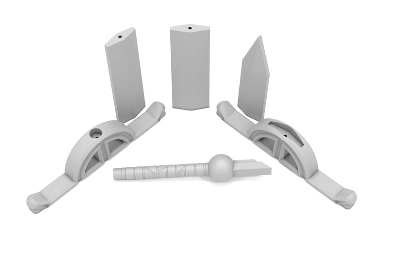 May include: A set of five gray plastic pieces for a board game. The pieces include a long stick with a ball on one end, two curved pieces with holes, and two rectangular pieces.