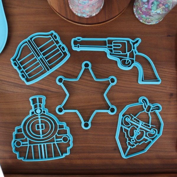 Wild West Sheriff Cookie Cutters - Bandana Scarf, Colt Revolver, Saloon Doors, Sheriff Badge, Steam Train - World Culture & History Cookies
