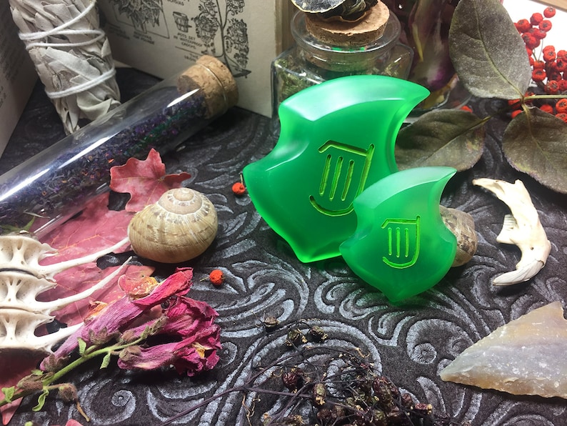 May include: Two green resin pendants with a harp symbol, one larger than the other, on a dark patterned surface with dried flowers and other natural objects.